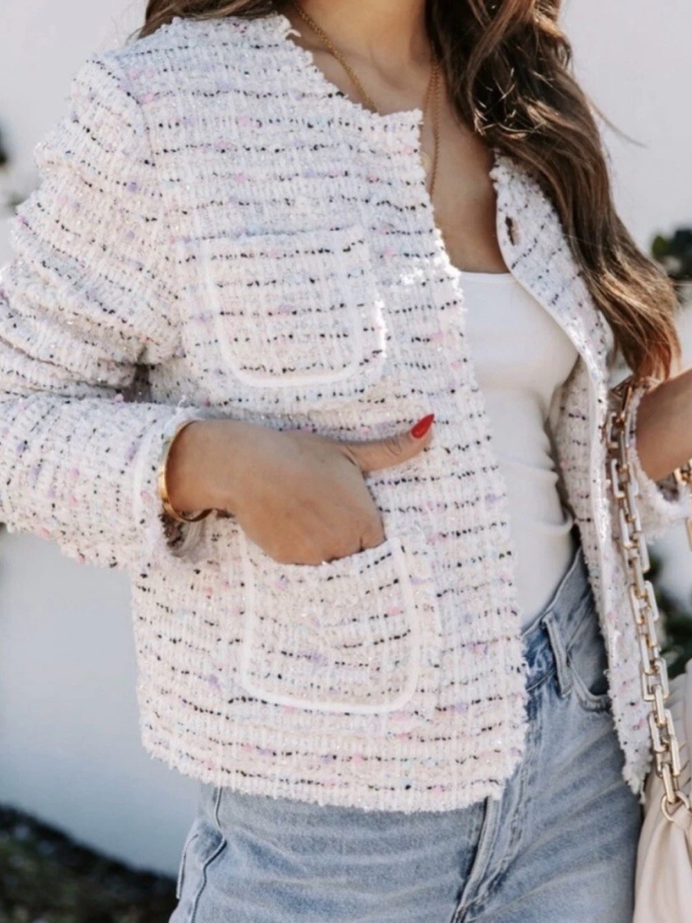 Vici White Tweed Cropped Blazer with Multicolor Flecks